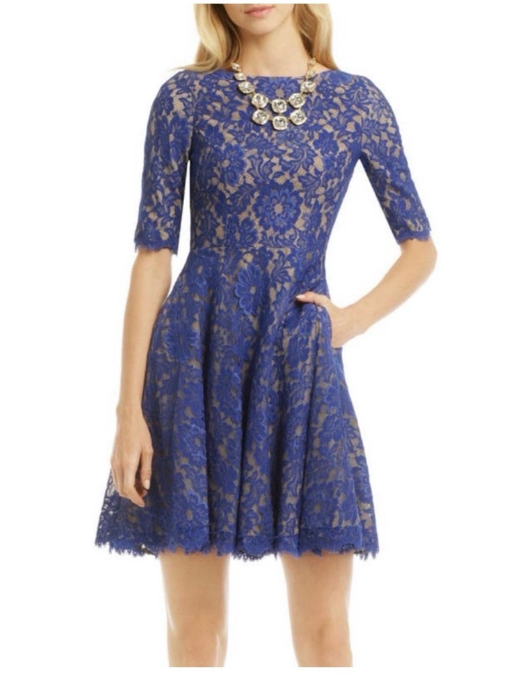 Monique Lhuillier Royal Blue Scalloped Hem Lace Fit-and-Flare Dress S - Picture 2 of 7